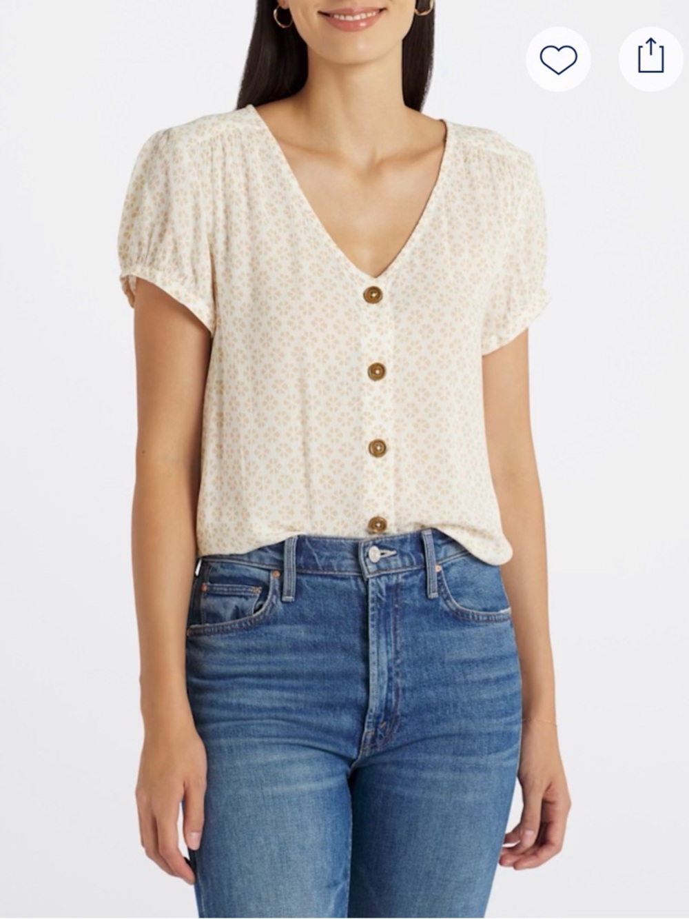 Market & Spruce V-Neck Short Sleeve Button Front Top in Cream Floral